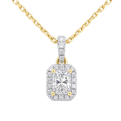 SPECIAL!.49ct G SI 14K Yellow Gold  Radiant Cut Diamond Halo Solitiare Pendant 18" Long