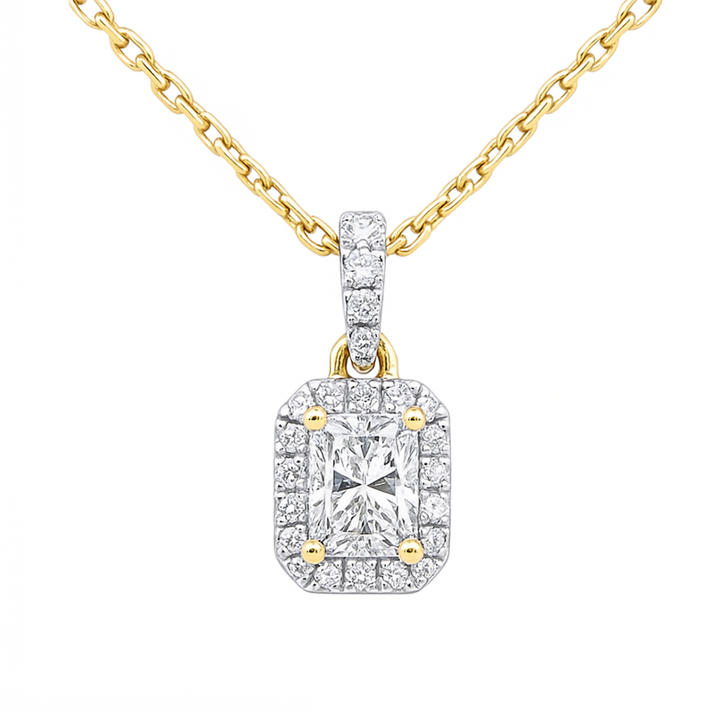 SPECIAL!.49ct G SI 14K Yellow Gold  Radiant Cut Diamond Halo Solitiare Pendant 18" Long