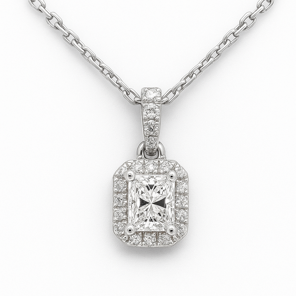 SPECIAL!.49ct G SI 14K White Gold Radiant Cut Diamond Halo Solitiare Pendant 18" Long