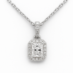 SPECIAL!.49ct G SI 14K White Gold Radiant Cut Diamond Halo Solitiare Pendant 18" Long