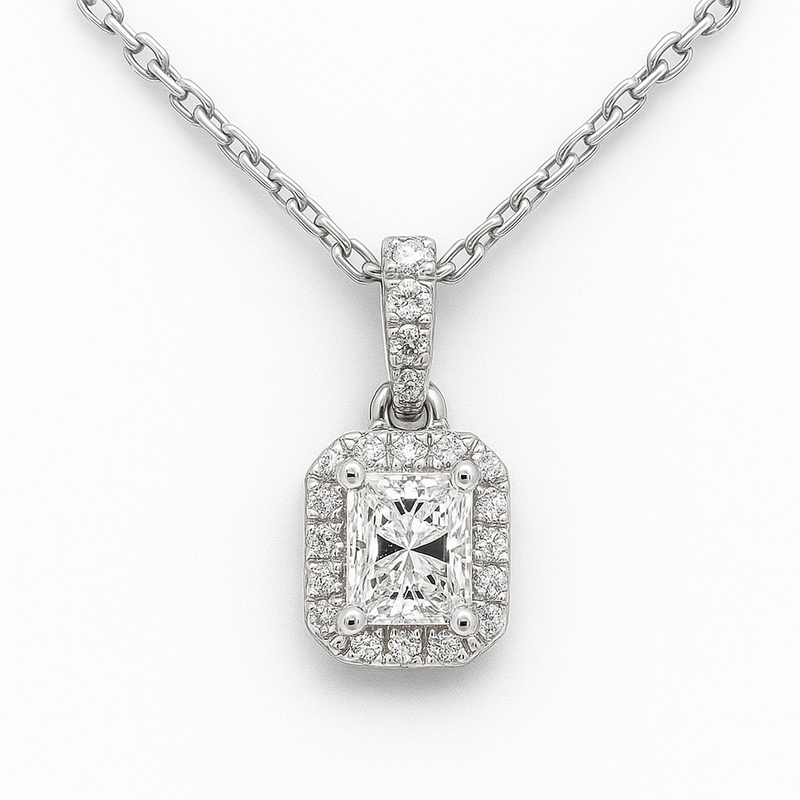 SPECIAL!.49ct G SI 14K White Gold Radiant Cut Diamond Halo Solitiare Pendant 18" Long