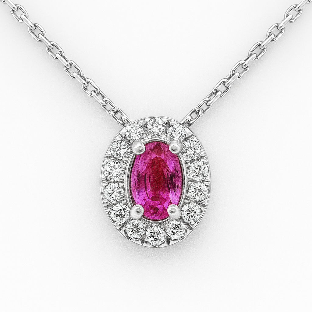 SPECIAL! .79ct G SI 14K White Gold Diamond & Pink Sapphire Pendant Necklace 18" Long Chain
