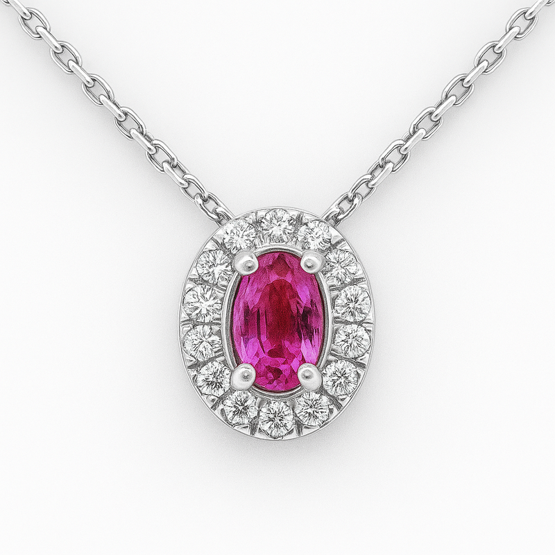 SPECIAL! .79ct G SI 14K White Gold Diamond & Pink Sapphire Pendant Necklace 18" Long Chain