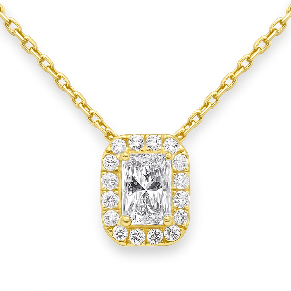 SPECIAL!.68ct G SI 14K Yellow Gold Radiant Cut Diamond Pendant Halo Necklace 18" Long Chain