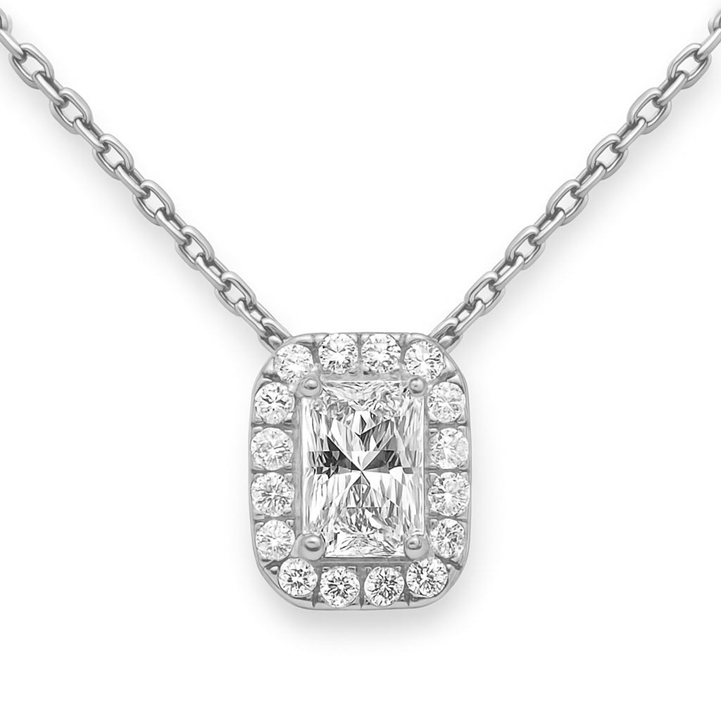 SPECIAL!.89ct G SI 14K White Gold Radiant Cut Diamond Pendant Halo Necklace 18" Long Chain