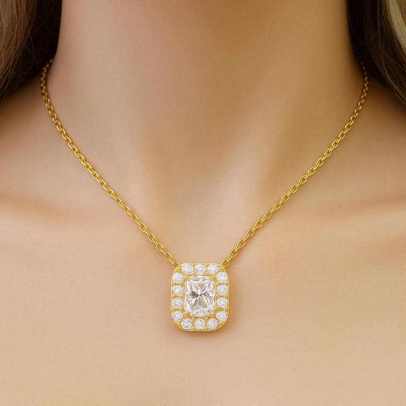 SPECIAL!.68ct G SI 14K Yellow Gold Radiant Cut Diamond Pendant Halo Necklace 18" Long Chain