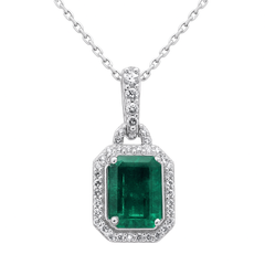 SPECIAL!2.18ct G SI 14K White Gold Diamond & Emerald Gemstone Pendant Necklace 18" Long Chain
