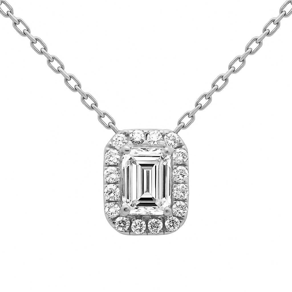 SPECIAL!.68ct G SI 14K White Gold Diamond Emerald Cut Pendant Necklace 18" Long Chain