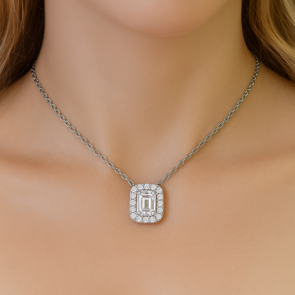 SPECIAL!.68ct G SI 14K White Gold Diamond Emerald Cut Pendant Necklace 18" Long Chain