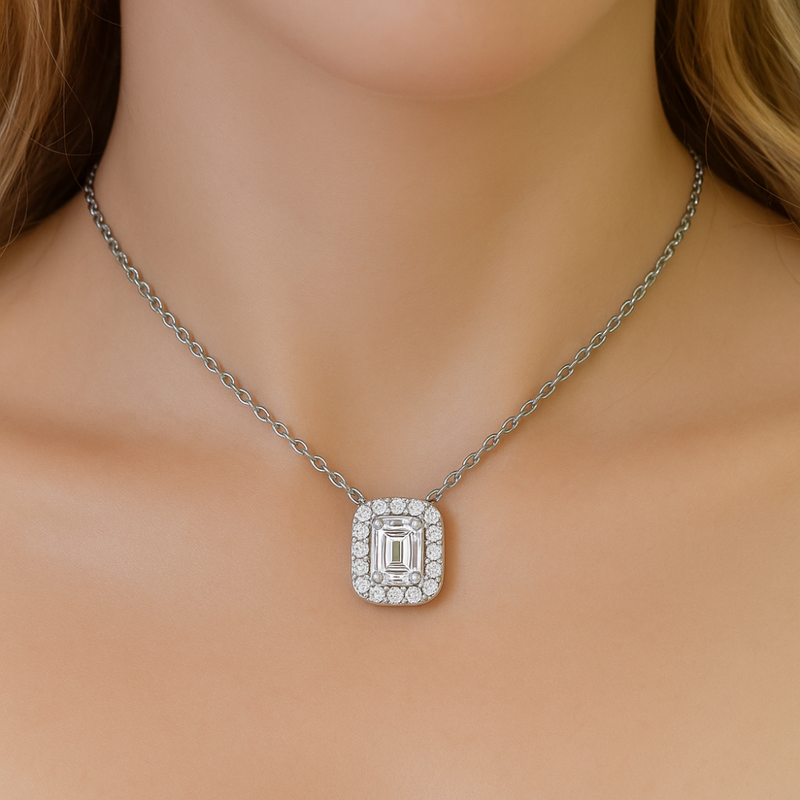 SPECIAL!.68ct G SI 14K White Gold Diamond Emerald Cut Pendant Necklace 18" Long Chain