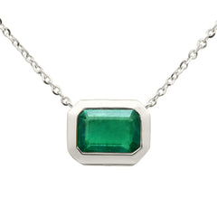 SPECIAL! .86ct G SI 14K White Gold Emerald Gemstone Bezel Set Pendant Necklace 18" Long Chain