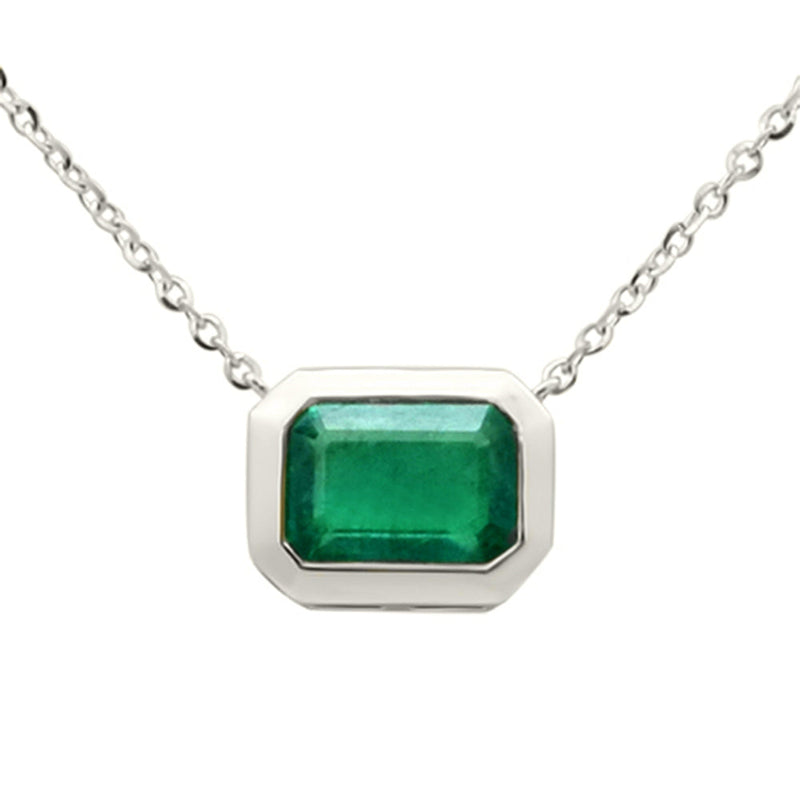 SPECIAL! .86ct G SI 14K White Gold Emerald Gemstone Bezel Set Pendant Necklace 18" Long Chain