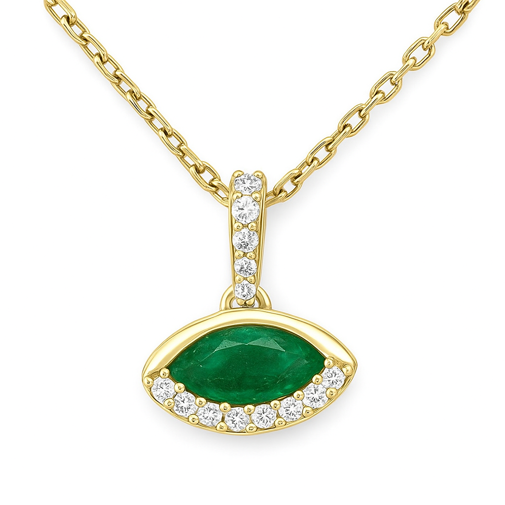 SPECIAL!.34ct G SI 14K Yellow Gold Diamond & Emerald Gemstone Evil Eye Pendant 18" long Chain