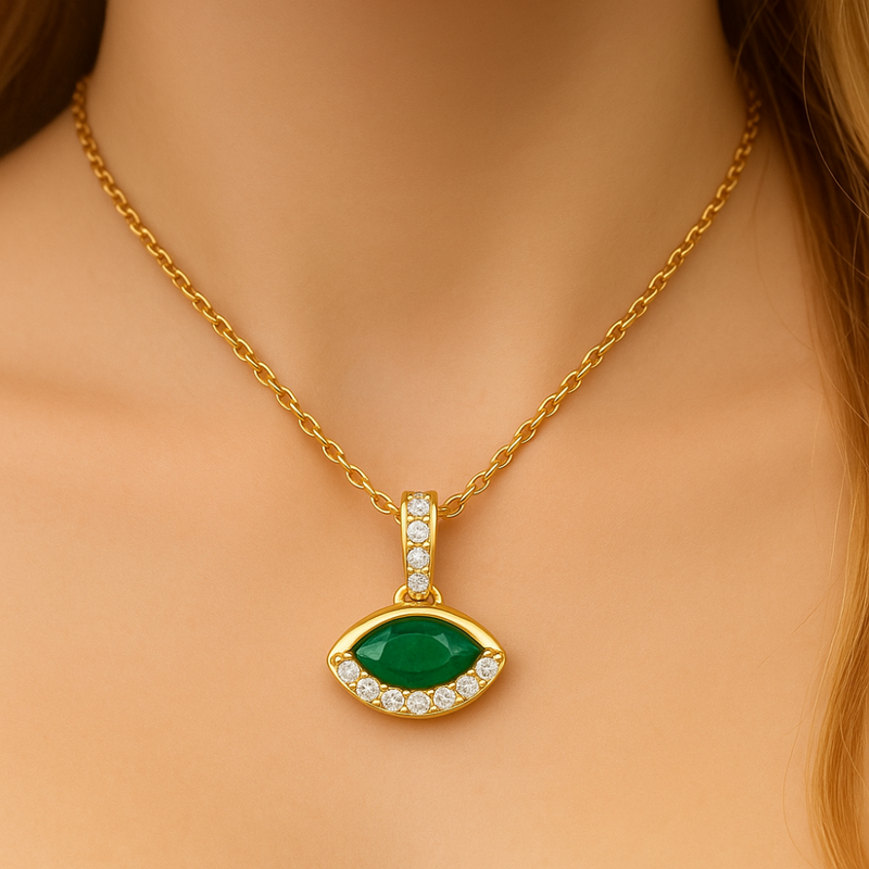 SPECIAL!.34ct G SI 14K Yellow Gold Diamond & Emerald Gemstone Evil Eye Pendant 18" long Chain