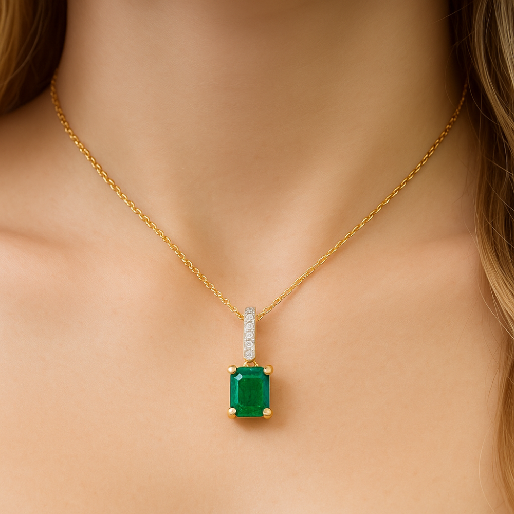 SPECIAL! 1.28ct G SI 14K Yellow Gold Diamond & Emerald Gemstone Pendant Necklace 18" Chain