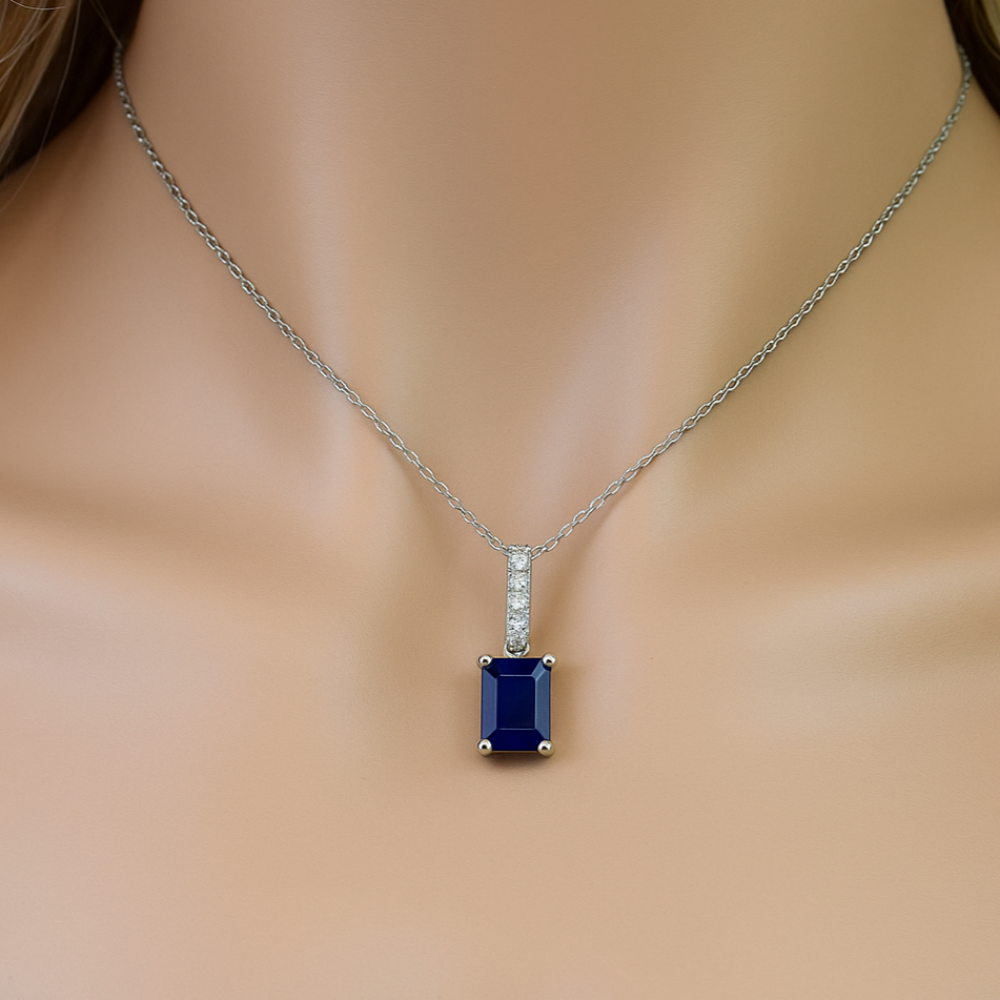 SPECIAL! .98ct G SI 14K White Gold Diamond & Blue Sapphire Gemstone Pendant Necklace 18" Chain