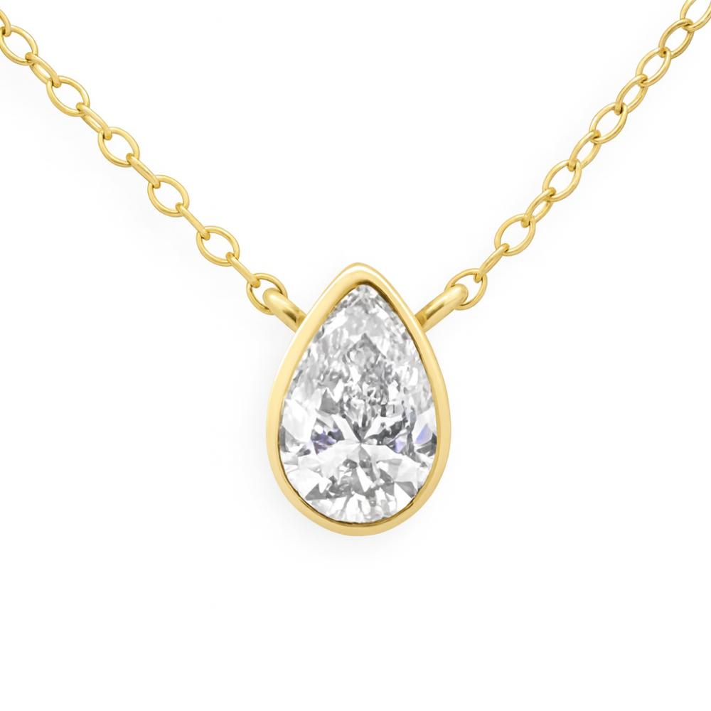 SPECIAL!.42ct G SI 14K Yellow Gold Bezel Set Pear Cut Diamond Solitaire Pendant Necklace 18" Long