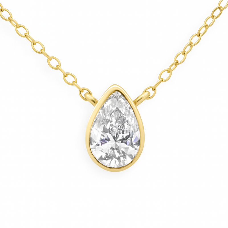 SPECIAL!.42ct G SI 14K Yellow Gold Bezel Set Pear Cut Diamond Solitaire Pendant Necklace 18" Long