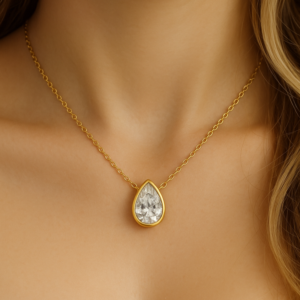 SPECIAL!.42ct G SI 14K Yellow Gold Bezel Set Pear Cut Diamond Solitaire Pendant Necklace 18" Long