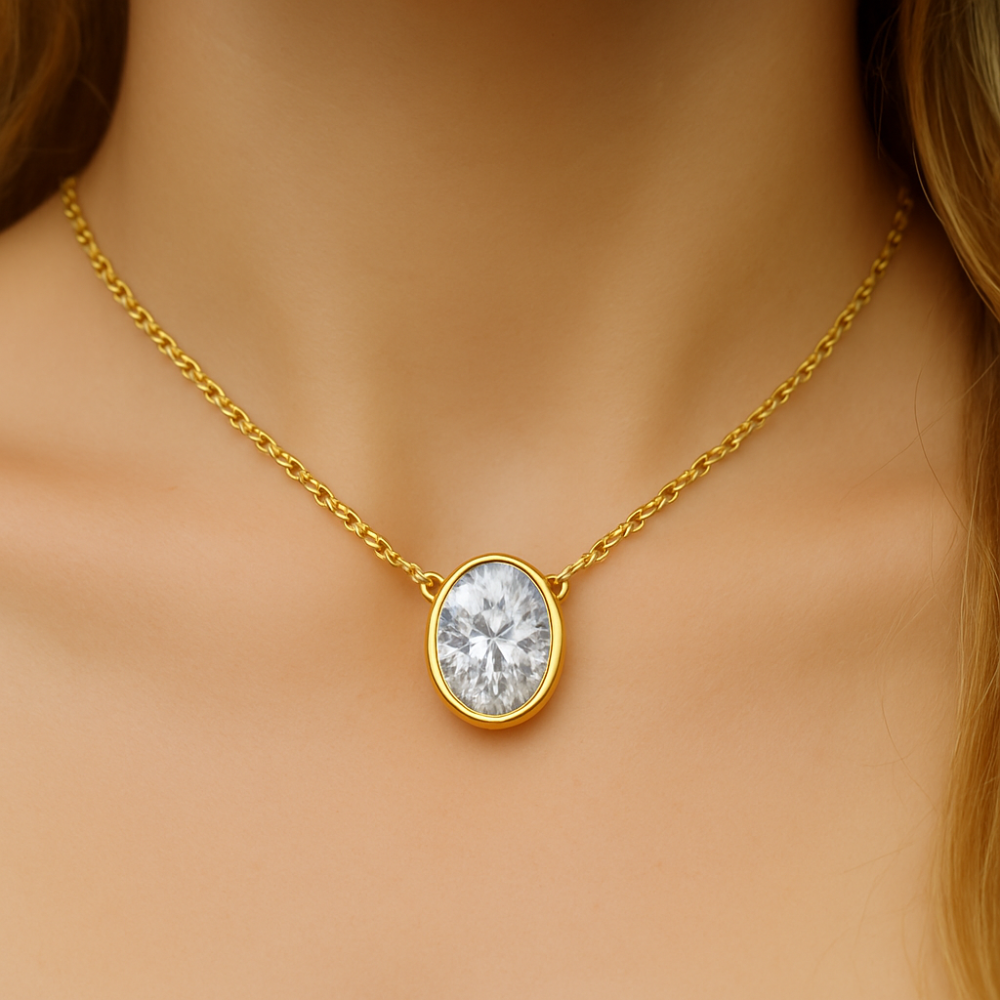 SPECIAL!.40ct G SI 14K Yellow Gold Bezel Set Oval Cut Diamond Solitaire Pendant Necklace 18" Long