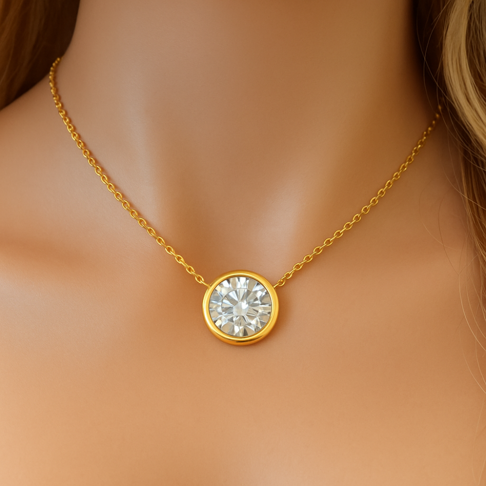 SPECIAL!1.03ct G SI 14K Yellow Gold Bezel Set Round Diamond Pendant Necklace 18" Long
