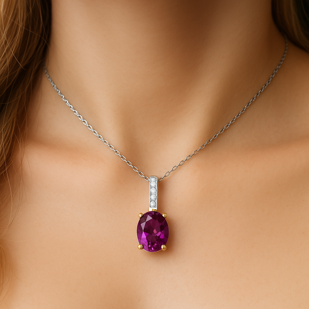 SPECIAL! 1.58ct G SI 14K Yellow Gold Oval Rhodolite Gemstone & Diamond Pendant Necklace 18" Long