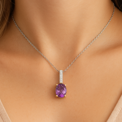 SPECIAL! 1.13ct G SI 14K Yellow Gold Oval Shape Amethyst Gemstone & Diamond Pendant Necklace 18" Long