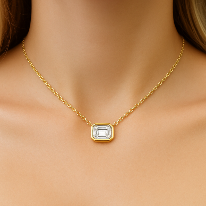 .14ct G SI 14K Yellow Gold Emerald Cut Bezel Set Diamond Pendant Necklace 18" Long