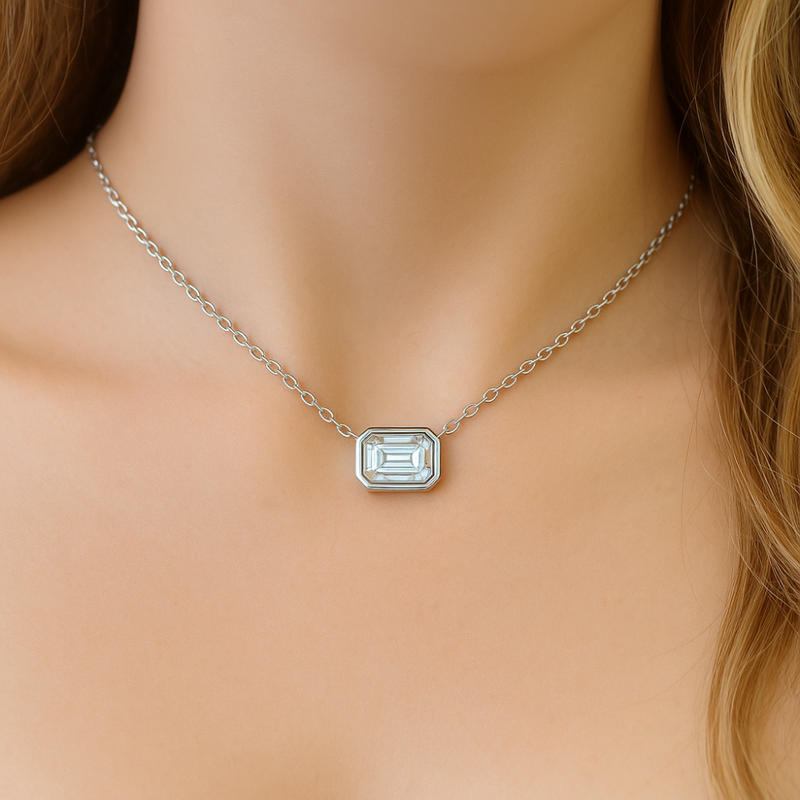.14ct G SI 14K White Gold Emerald Cut Bezel Set Diamond Pendant Necklace 18" Long
