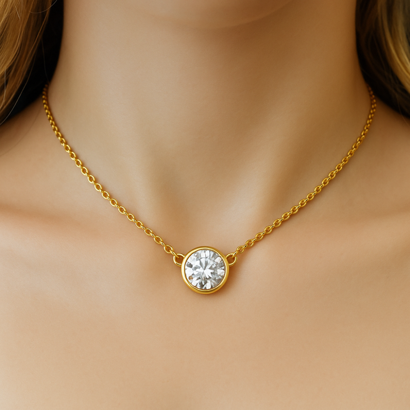 SPECIAL!.27ct G SI 14K Yellow Gold Round Diamond Bezel Pendant 18" Long