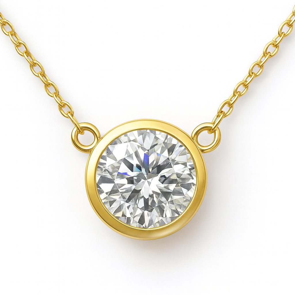 SPECIAL! 1.34ct G SI 14KT Yellow Gold Round Diamond Bezel Pendant Necklace 18" long