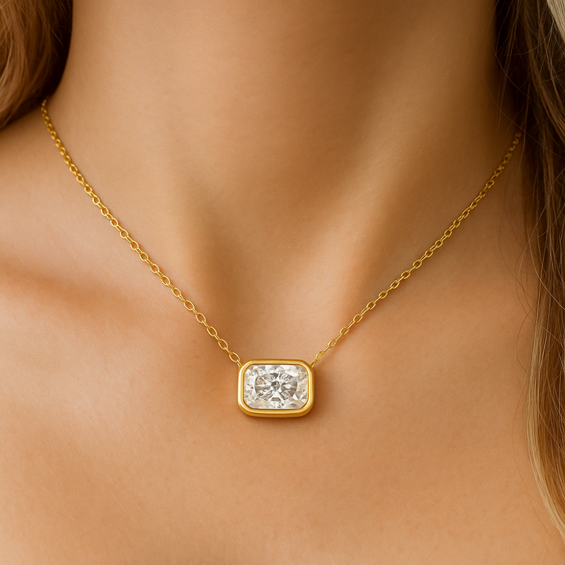 SPECIAL!.70ct G SI 14K Yellow Gold Bezel Set Radiant Cut Diamond Solitaire Pendant Necklace  18" Long