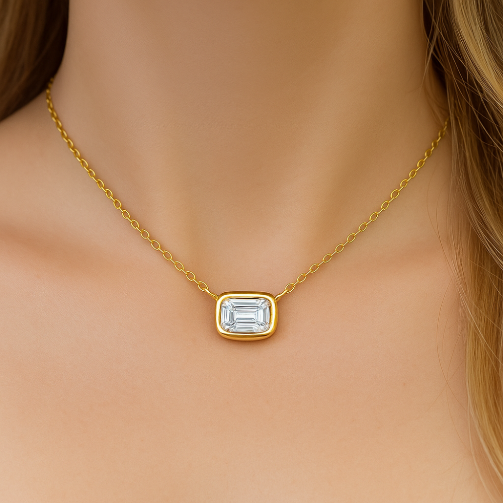 SPECIAL!.25ct G SI 14K Yellow Gold Bezel Set Emerald Cut Diamond Pendant 18" Long
