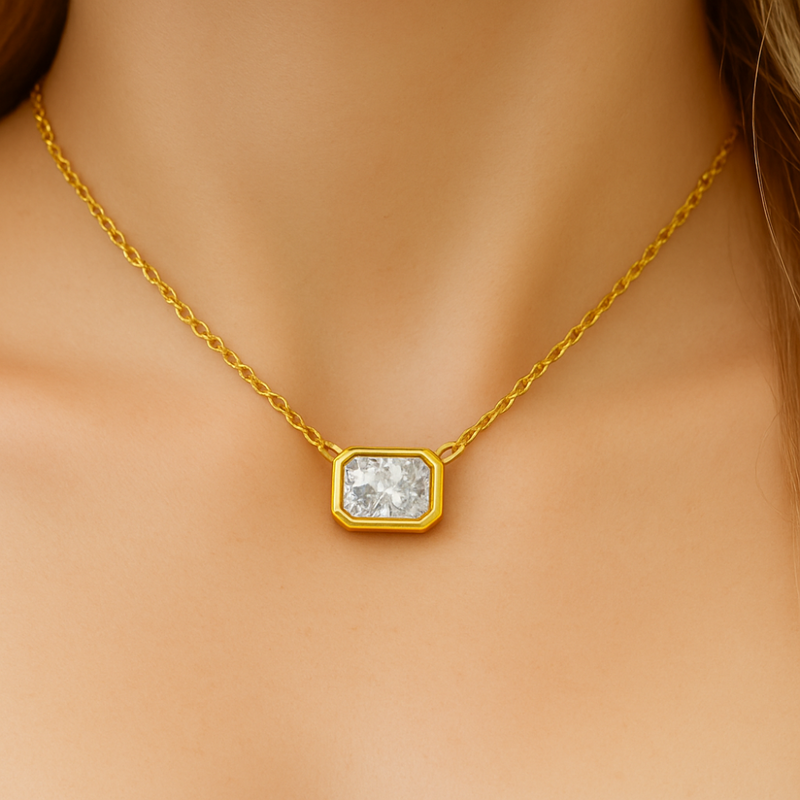 SPECIAL!.80ct G SI 14K Yellow Gold Bezel Set Radiant Cut Diamond Pendant 18" Long