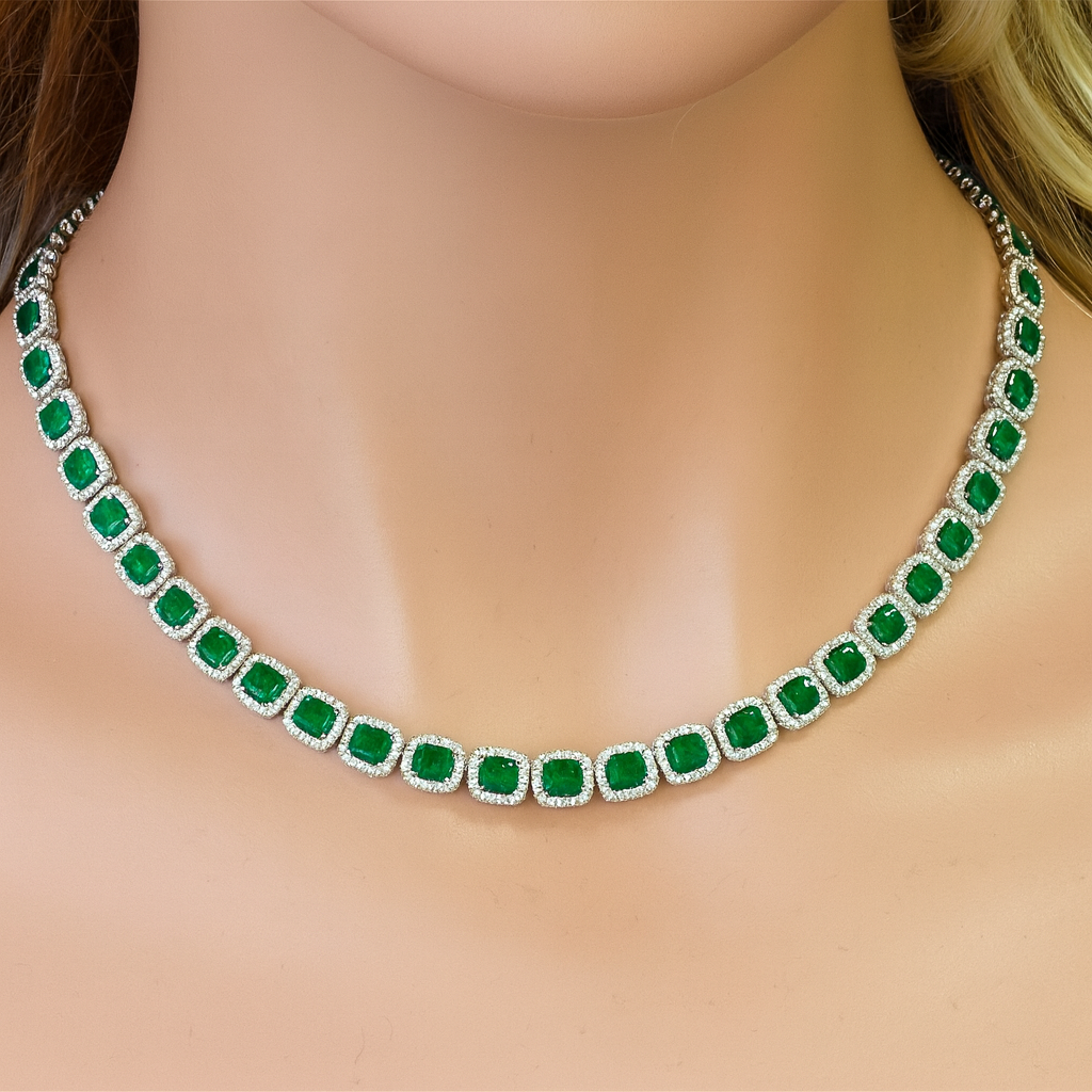 SPECIAL! 16.62ct G SI White Gold Diamond & Emerald Gemstone Necklace 16" long