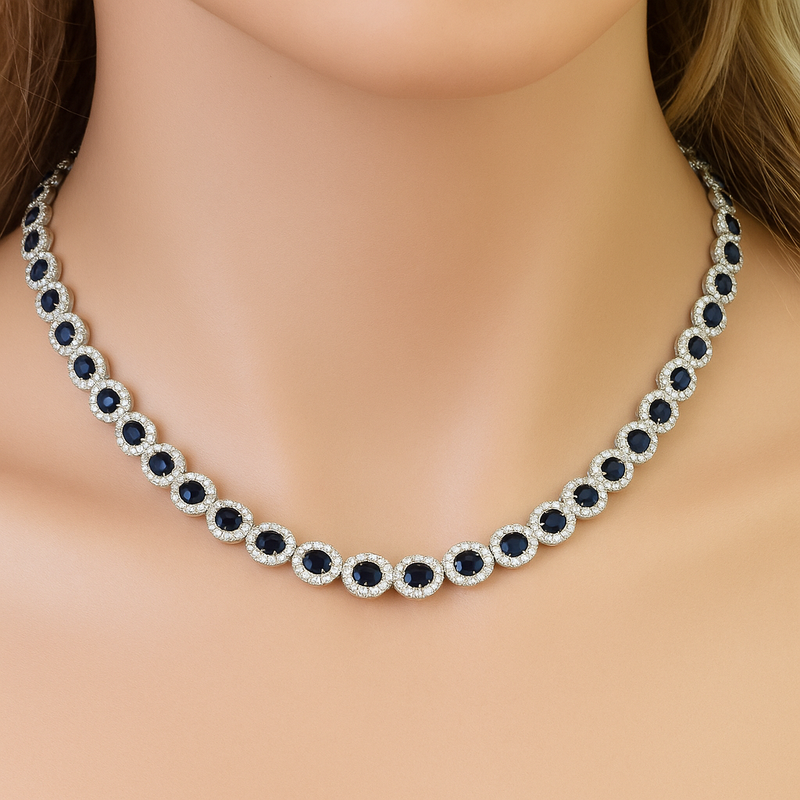 SPECIAL! 19.30ct G SI White Gold Diamond & Blue Sapphire Gemstone Necklace 16" long
