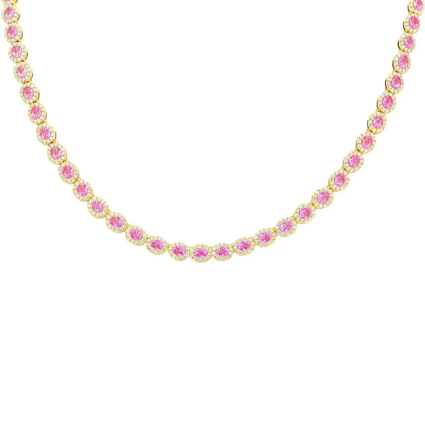 SPECIAL! 17.71ct G SI Yellow Gold  Diamond & Pink Sapphires Gemstone Necklace 16" long