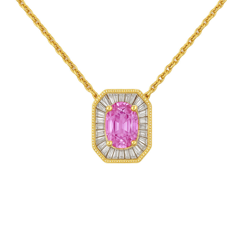 SPECIAL! .43ct G SI 14KT Yellow Gold Baguette Diamond & Oval Shape Pink Sapphire Gemstone Pendant Necklace 16+2"