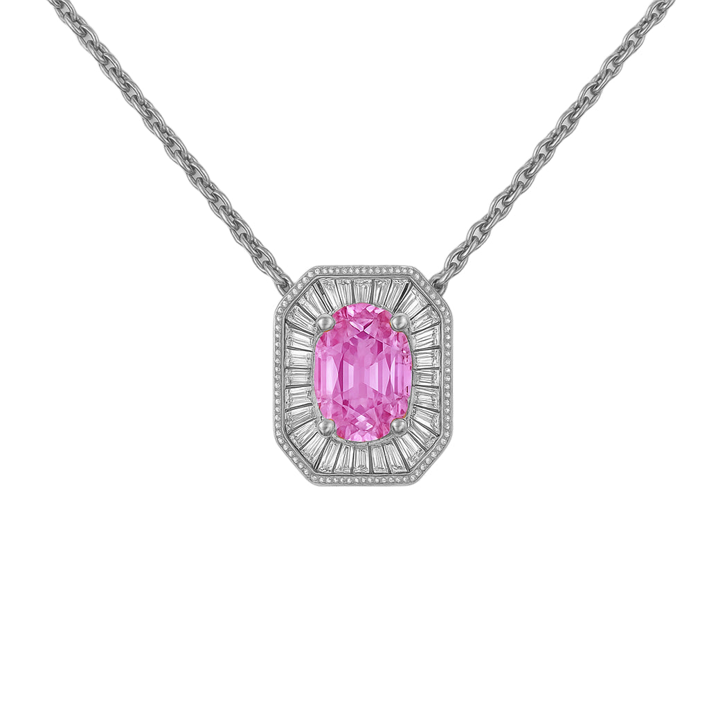 SPECIAL! .40ct G SI 14KT White Gold Baguette Diamond & Oval Shape Pink Sapphire Gemstone Pendant Necklace 16+2"
