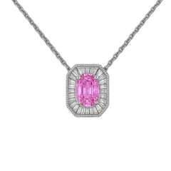 SPECIAL! .40ct G SI 14KT White Gold Baguette Diamond & Oval Shape Pink Sapphire Gemstone Pendant Necklace 16+2"
