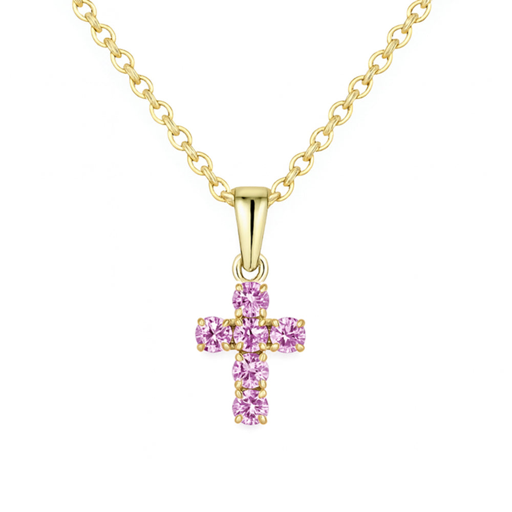 .53ct G SI 14KT Yellow Gold Pink Sapphire Round Shape Gemstone Petite Cross Pendant Necklace 18" Chain