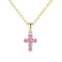 .53ct G SI 14KT Yellow Gold Pink Sapphire Round Shape Gemstone Petite Cross Pendant Necklace 18" Chain