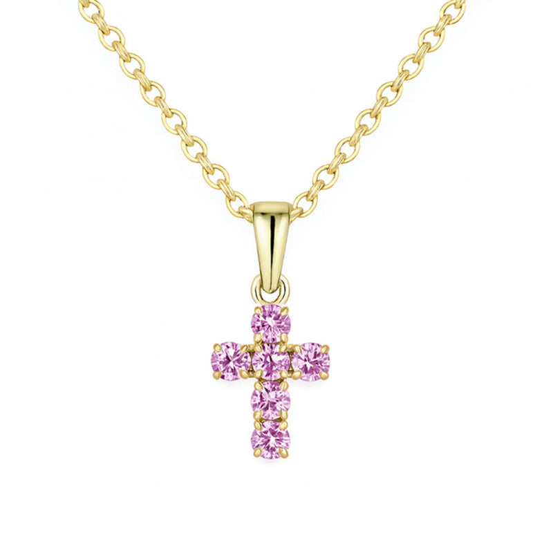 .53ct G SI 14KT Yellow Gold Pink Sapphire Round Shape Gemstone Petite Cross Pendant Necklace 18" Chain