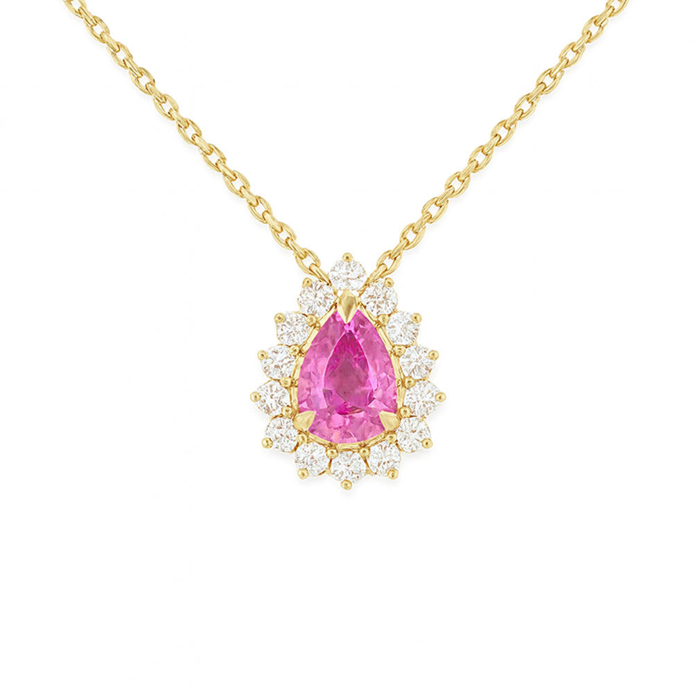 SPECIAL! .84ct G SI 14KT Yellow Gold Diamond & Pear Shape Pink Sapphire Gemstone Pendant Necklace 18" Chain