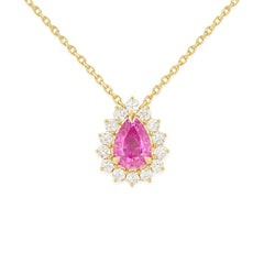 SPECIAL! .84ct G SI 14KT Yellow Gold Diamond & Pear Shape Pink Sapphire Gemstone Pendant Necklace 18" Chain