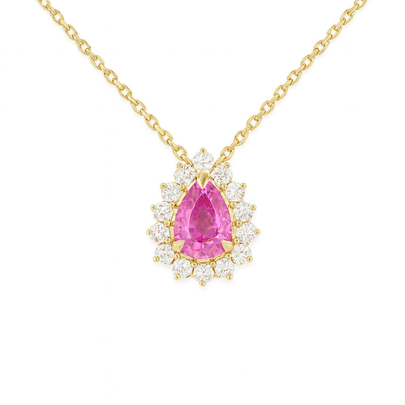 SPECIAL! .84ct G SI 14KT Yellow Gold Diamond & Pear Shape Pink Sapphire Gemstone Pendant Necklace 18" Chain