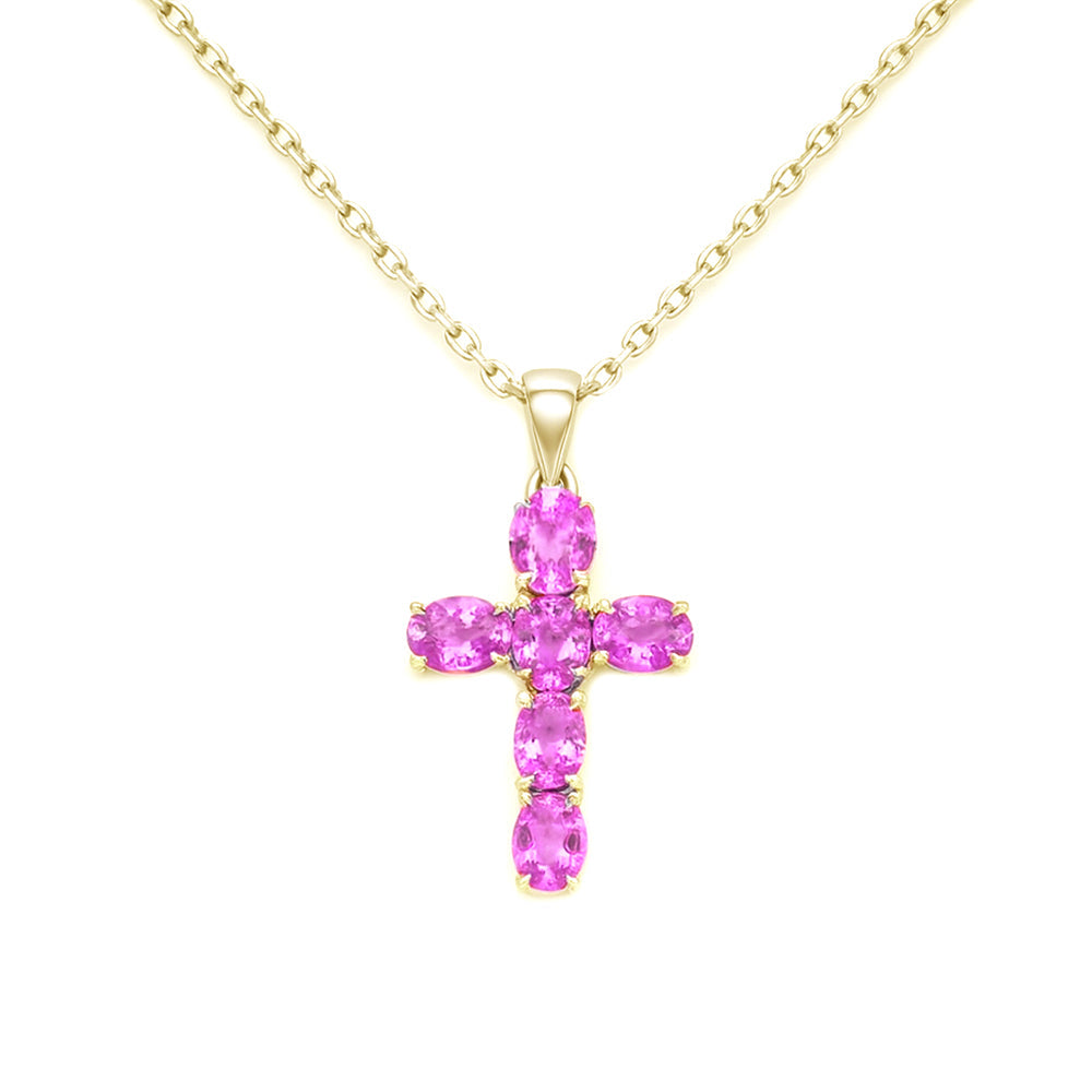 SPECIAL! 1.38ct G SI 14KT Yellow Gold Oval Shape Pink Sapphire Gemstone Cross Pendant 18" Chain