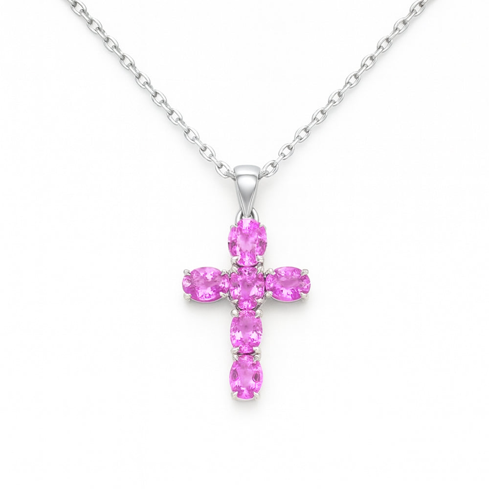 SPECIAL! 1.50ct G SI 14KT White Gold Oval Shape Pink Sapphire Gemstone Cross Pendant 18" Chain