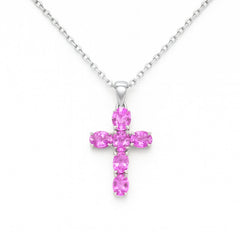 SPECIAL! 1.50ct G SI 14KT White Gold Oval Shape Pink Sapphire Gemstone Cross Pendant 18" Chain