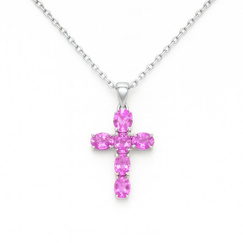 SPECIAL! 1.50ct G SI 14KT White Gold Oval Shape Pink Sapphire Gemstone Cross Pendant 18" Chain